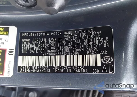 2015 Toyota Corolla S Plus из США, поврежденный, VIN 2T1BURHE7FC462068